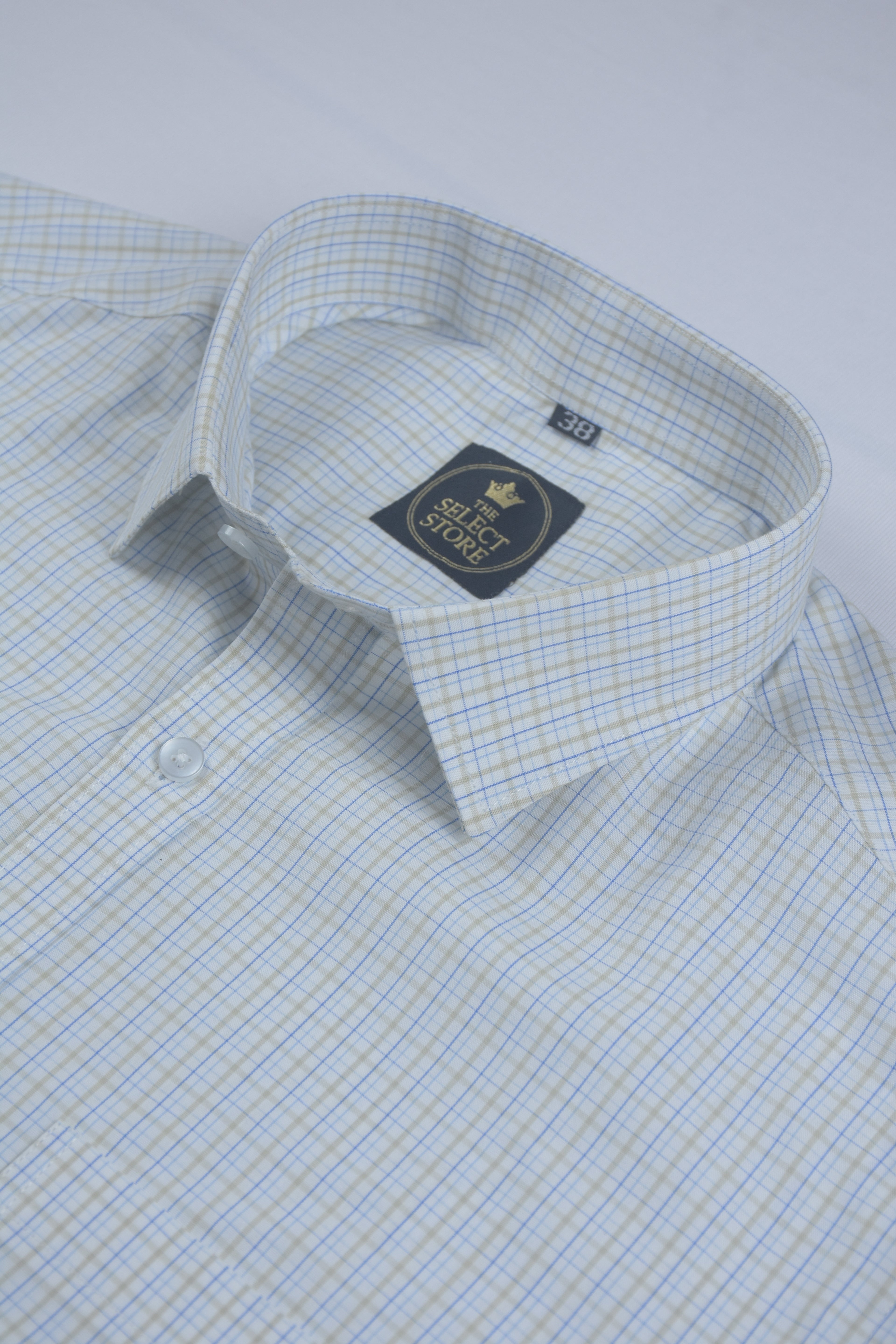 Blue and Beige Micro-Check Plaid Shirt