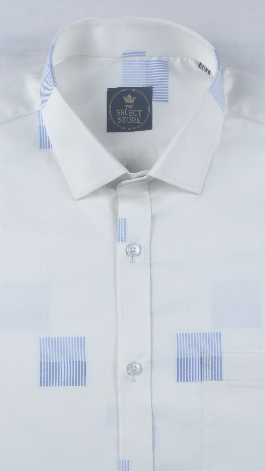 Blue Geometric Linear Blocks White Shirt