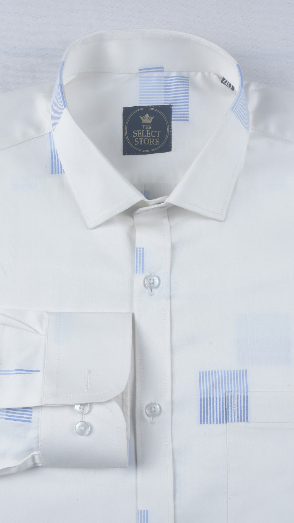 Blue Geometric Linear Blocks White Shirt