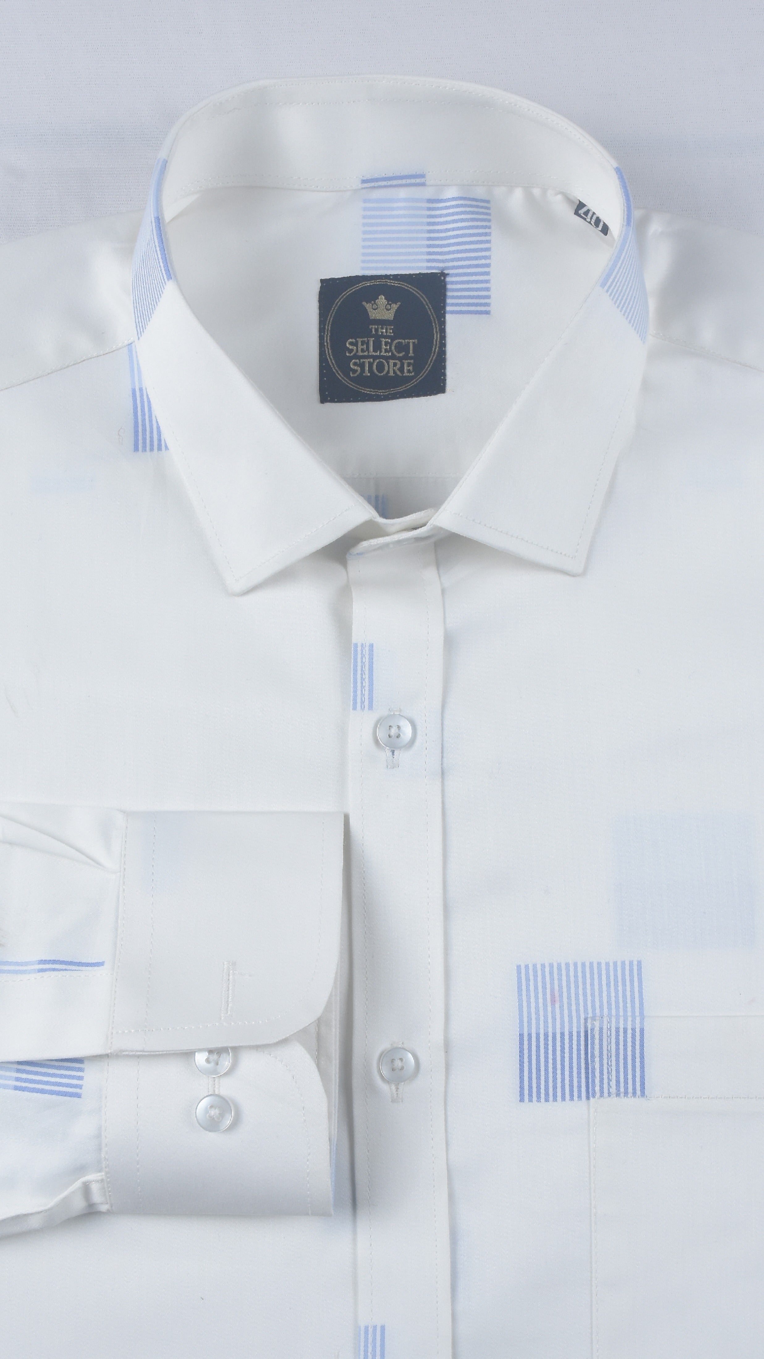 Blue Geometric Linear Blocks White Shirt