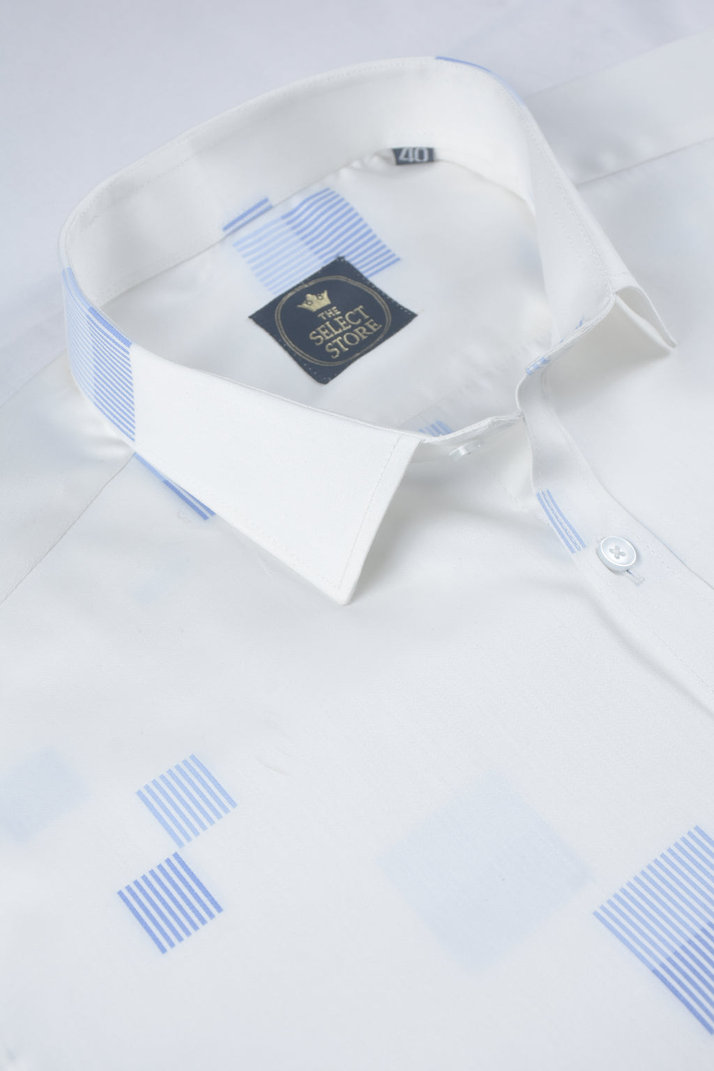Blue Geometric Linear Blocks White Shirt