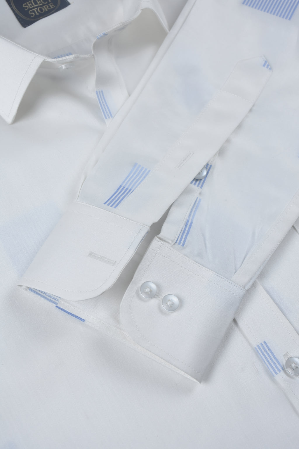 Blue Geometric Linear Blocks White Shirt