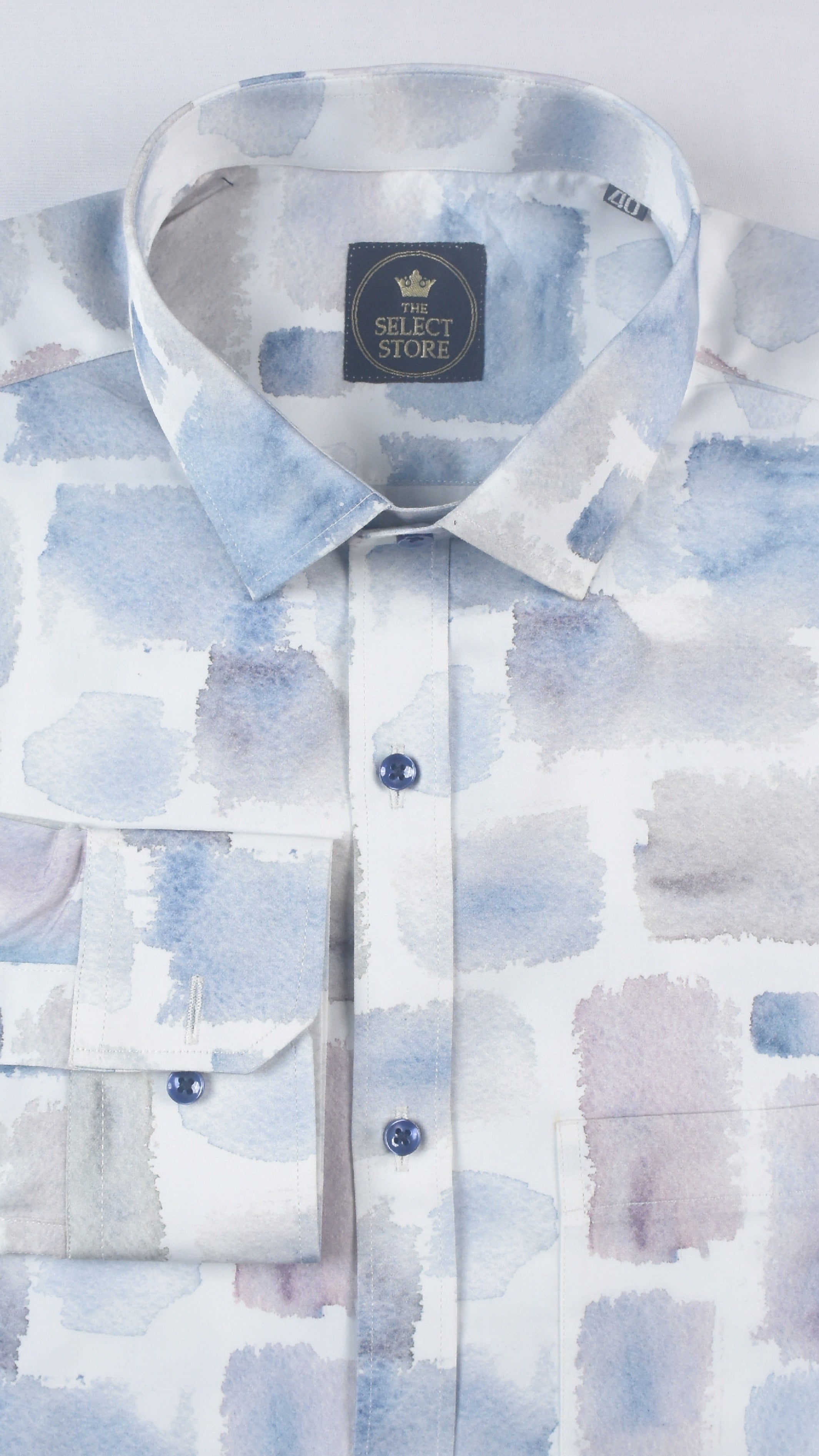 Indigo Blue Watercolor Mosaic Pattern White Shirt
