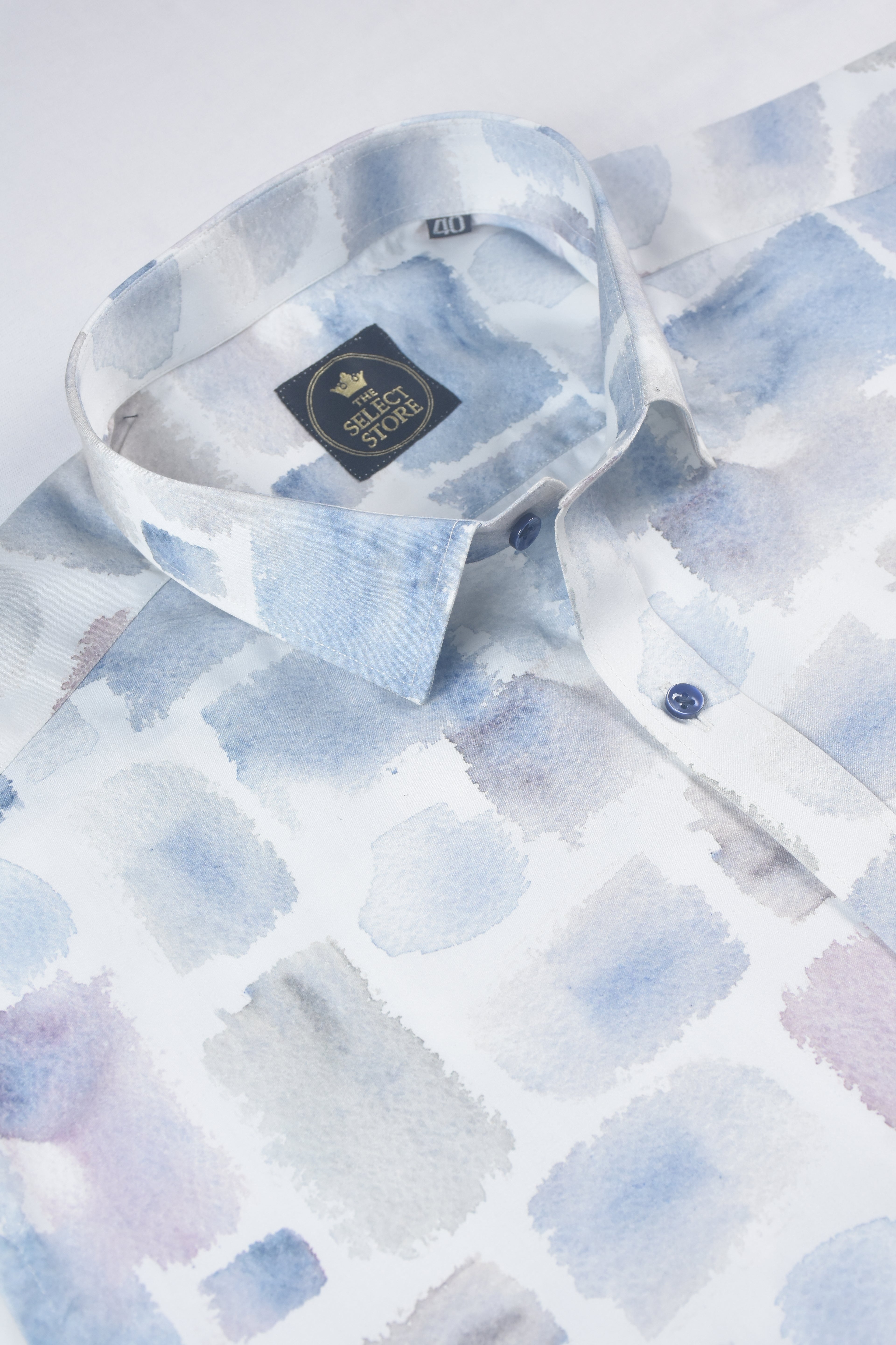 Indigo Blue Watercolor Mosaic Pattern White Shirt